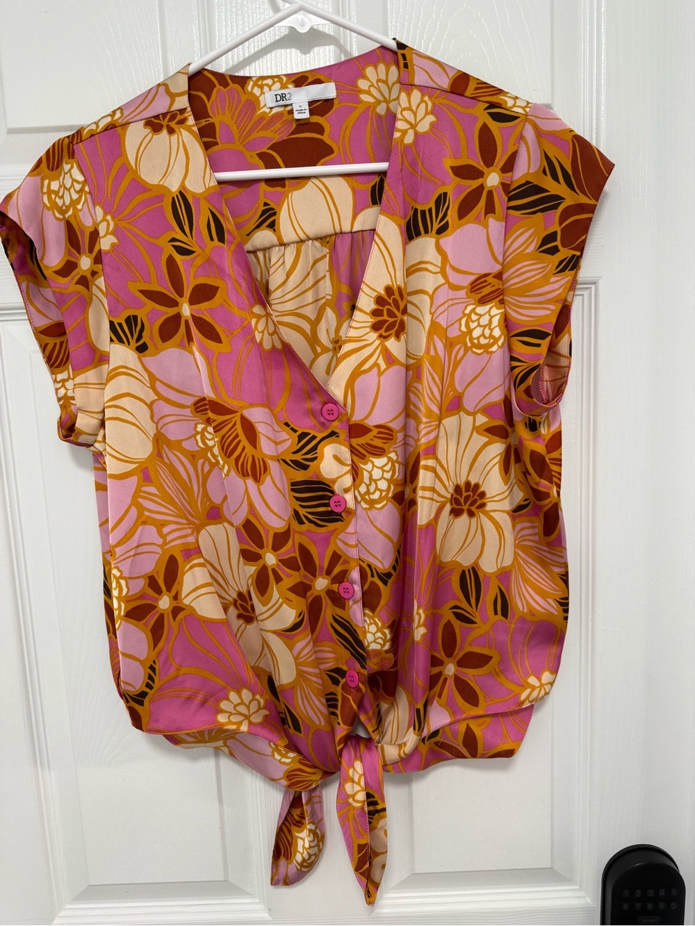 DR2 Pink and Brown Floral Tie-Front Blouse